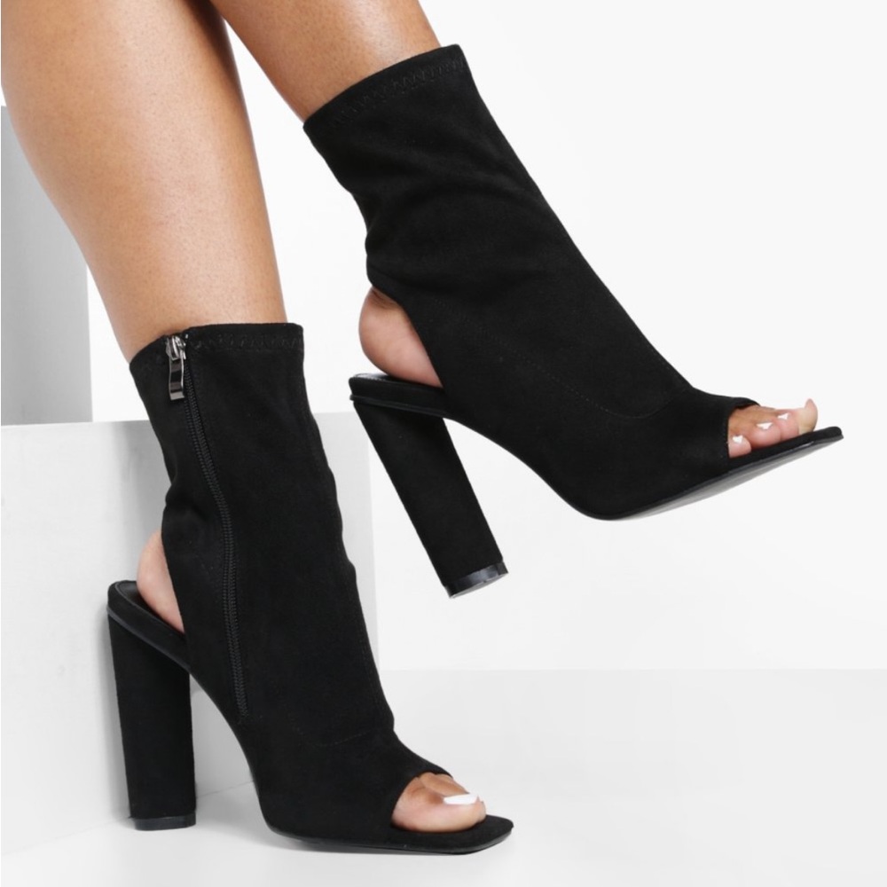Black Peep Toe Sock Boots Sz 6 NWT